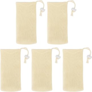 bluebone 5 Pieces Mesh Soap Bags Soft Multilayer Foam Mesh Soap Drawstring Holder Pouch for Bathroom Beige