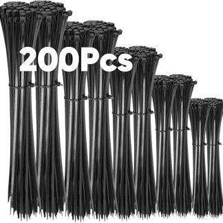 Set of 200 Black Cable Ties, 100/150/200/300 mm (50 Pieces of Each), Highwings Nylon, Various Sizes, Super Durable, Self-Locking Cable Ties for Cable Management, Gardening, Living, Workshops