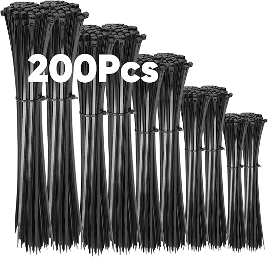 Set of 200 Black Cable Ties, 100/150/200/300 mm (50 Pieces of Each), Highwings Nylon, Various Sizes, Super Durable, Self-Locking Cable Ties for Cable Management, Gardening, Living, Workshops