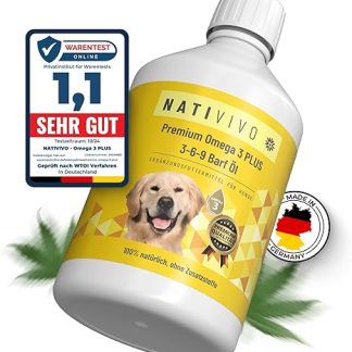NatiVivo Premium Omega 3-6-9 Dog Barf Oil 500 ml Omega 3 Boost Fish Oil with Hemp Seed Oil 100% Natural High Quality Supplement for Barf and Dry Food Made in Germany