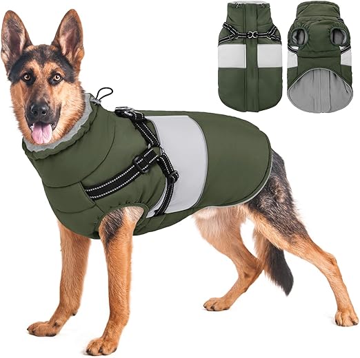 AOFITEE Dog Coat Winter Large Dogs, Warm Dog Jacket Winter Coat with Harness, Waterproof Dog Winter Jacket Warm Dog Coats Fleece Winter Vest for Labrador, Greyhound, Golden Retriever, 2XL