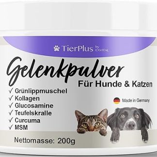 TierPlus Joint Powder for Dogs and Cats, with Green-Lipped Mussel, MSM, Collagen, Glucosamine, Devil's Claw, Curcuma. More Pleasure to Movement, High Eating Acceptance, 200 g Powder, High Dose & Made