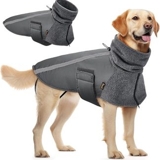 SlowTon Winter Coat for Dogs, Warm Lining Made of Polar Fleece Outer Jacket for Dogs with Turtleneck Scarf, Reflective Stripes, Adjustable, Waterproof, Windproof, Puppy Vest, Soft Pet (XL, Grey)