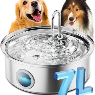 oneisall 7L Drinking Fountain for Dogs, Stainless Steel Dog Fountain with Large Viewing Window, Water Dispenser with LED Light, Ultralight Pump with Overload Protection, 5-Layer Filtration