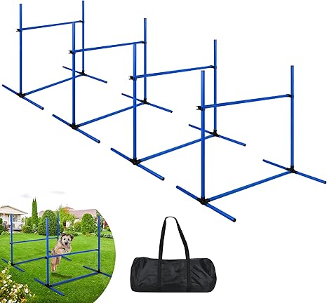 Suusolny Blue 4 x Hurdles for Dogs Agility Equipment Slalom Bars Height Adjustable Slalom Training Set Training Bars Jump Bar Set 104 x 70 x 101 cm