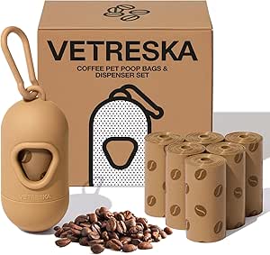 VETRESKA Dog Waste Bag Dispenser with Coffee Scent, Leak-Proof, Extra Thick Pet Waste Bags, 1 Bag Holder, 105 Bags (7 Refill Rolls) for Dogs and Cats