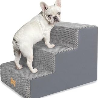 Nepfaivy Dog Stairs for Small Dogs, 3 Levels, Dog Stairs, Dog Ramp for Bed and Sofa, Made of High Density Sponge, Pet Stairs with Removable, Washable Cover and Non-Slip Base, 45 x 40 x 34 cm