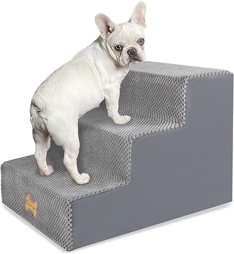 Nepfaivy Dog Stairs for Small Dogs, 3 Levels, Dog Stairs, Dog Ramp for Bed and Sofa, Made of High Density Sponge, Pet Stairs with Removable, Washable Cover and Non-Slip Base, 45 x 40 x 34 cm