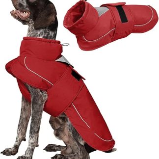 Kuoser Dog Coat, Dog Jacket, Waterproof Winter Coat for Dogs, Adjustable Collar with Drawstring, Reflective & Safe, Red, XL