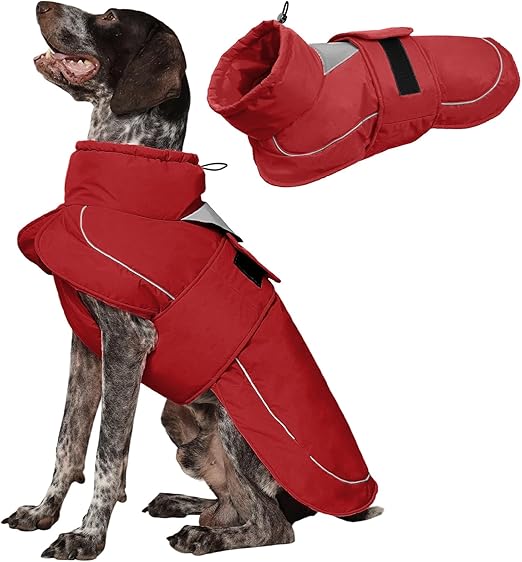 Kuoser Dog Coat, Dog Jacket, Waterproof Winter Coat for Dogs, Adjustable Collar with Drawstring, Reflective & Safe, Red, XL