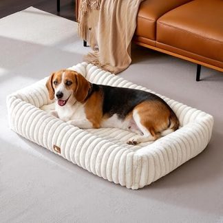Upvilla Luxury Soft Dog Basket, Orthopaedic Dog Bed for Large Dogs, 4-Sided Neck Cushion, Removable Washable Dog Mat, Dog Sofa with Handles, Pet Bed (Beige, 92 x 69 x 20 cm)
