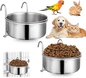 Stainless Steel Feeding Bowl with Hooks, Pack of 2 Pet Drinking Bowl with Hanging Stand, Non-Slip Hanging Dog Bowl, Leak-Proof for Cats and Dogs etc