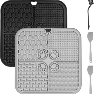 Pack of 2 Cat Licking Mat, 20 x 20 cm, Lick Mat, Dog Lick Mat with Suction Cups, Feeding Mat for Butter, Yoghurt Dog Toy, for Slow Eating, with Spatula/Brush