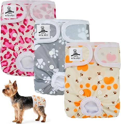 UFO PET Dog Nappies Female X Small 3 Pack, Dog Period Heat Pants in Season, Super Absorbent & Adjustable Sanitary Reusable Doggy Puppy Diapers