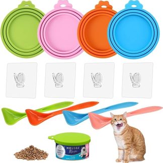 FENGQQKJ Pack of 4 Can Lids, Cat Food, Universal Silicone Lid for Pet Food Cans, 3-in-1 Standard Sizes with 4 Horn Hooks and 4 Spoons for Cat and Dog Food Cans