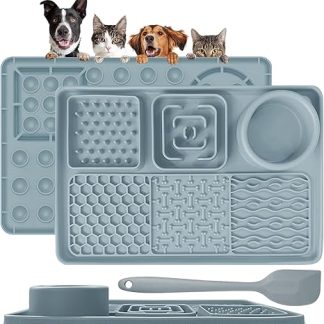 Cooltto 1 Piece Lick Mat Dog Cat Silicone Lick Mat Dog with Spatula Food Mats with Suction Cup Slow Feeder Mat Pet for Dogs Bathing Training Grooming Claw Care (Light Grey)