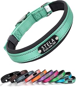 Yonsbox Personalised Reflective Dog Collar - Individually Engraved with Name & Phone Number, Soft Neoprene Lining, Adjustable, Robust & Comfortable, Safety Collar for Dogs