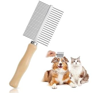 Redeo Dog and Cat Comb, Dog & Cat Brush for Medium to Long Haired Pets, Wooden Double Comb with Metal Rounded Teeth, Against Fleas and Undercoat