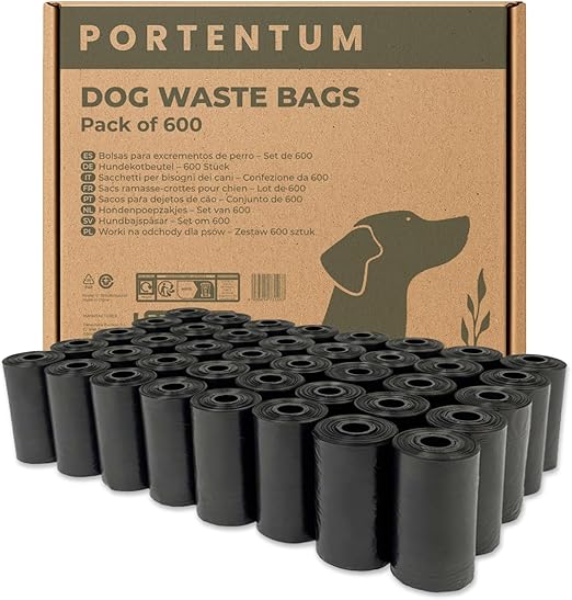 PORTENTUM Dog Waste Bags 600 Pieces (40 Rolls) - Extra Tear-Resistant & Leak-Proof - Unscented - Waste Bags for Dogs - Easy to Tear - Waste Bags Made of Recycled & Recyclable Material - Dog Poop Bags