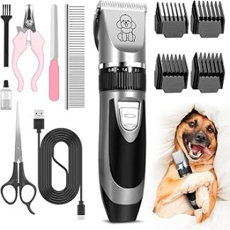 Low Noise 5-Speed Pet Hair Trimmer with Nail Scissors, Scissors, File and Steel Comb, Professional Clipper, Plug and Play, Removable, Washable Head for Cats and Dogs