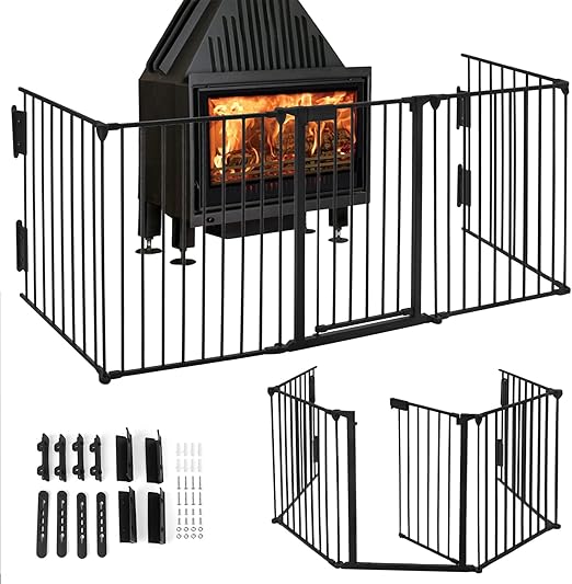 LZQ Fireplace Gate with Safety Door Metal Oven Safety Gate Total Length 300 cm Fireplace Gate Child Protection Foldable Stair Safety Gate Configuration Gate Including 5 Elements