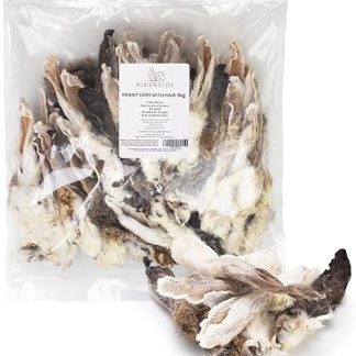 Riverside Rabbit Ears for Dogs with Fur (1 kg 50-65) | Natural Air Dried Rabbit Ears for Large and Small Dogs | Grain-Free, Gluten Free and Hypoallergenic | Made in EU