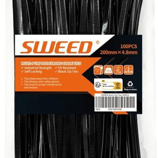 SWEED Cable Ties, Black, 200 mm x 4.8 mm, Pack of 100 Cable Ties, UV Resistant, Black Cable Ties with 22 kg, Tensile Strength, Can Be Used Indoors and Outdoors