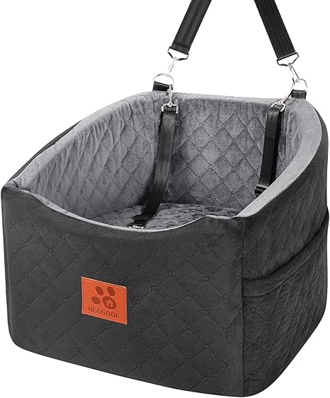 HEGGOOE Dog Car Seat for Small/Medium Dogs, Memory Foam Raised Dog Seat Car, Removable & Washable Dog Bed Car with Storage Bags and Safety Leads