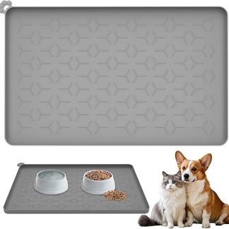 Feeding Mat Cat Feeding Mat Dog, Food-Grade Silicone Feeding Mat for Pets, Bowl Mat Dog Non-Slip 100% Waterproof Bowl Mat Cats with 1.5 cm Raised Edge, 48 x 30 cm