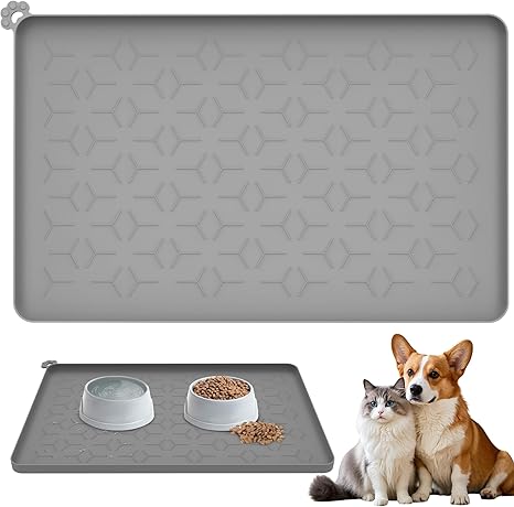 Feeding Mat Cat Feeding Mat Dog, Food-Grade Silicone Feeding Mat for Pets, Bowl Mat Dog Non-Slip 100% Waterproof Bowl Mat Cats with 1.5 cm Raised Edge, 48 x 30 cm