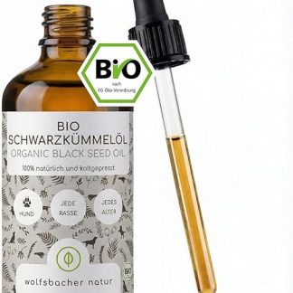 Organic Black Cumin Oil for Dogs in Sustainable 500 ml or 50 ml Glass Bottle, Cold Pressed from Controlled Organic Cultivation with Practical Dispenser