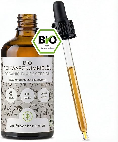 Organic Black Cumin Oil for Dogs in Sustainable 500 ml or 50 ml Glass Bottle, Cold Pressed from Controlled Organic Cultivation with Practical Dispenser