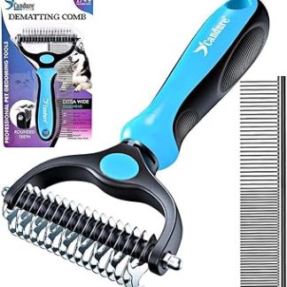 Candure Professional Dog Cat Brush Long Hair Dog Grooming Rake Double Teeth 17+9 Removes Knots, Carpets and Hair (Azul)