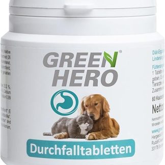 Green Hero Diarrhoea Tablets 60 Chewable Tablets for Dog and Cat to Relieve Diarrhea, Stomach and Digestive Disorders, Pills to Improve Faeces Condition, Contains Prebiotics