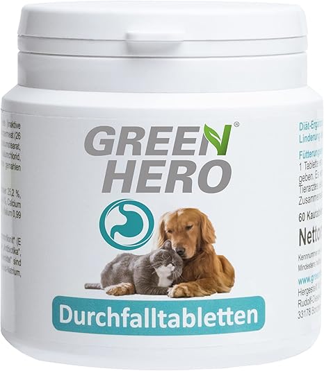 Green Hero Diarrhoea Tablets 60 Chewable Tablets for Dog and Cat to Relieve Diarrhea, Stomach and Digestive Disorders, Pills to Improve Faeces Condition, Contains Prebiotics