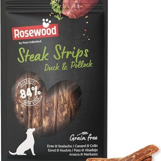 Rosewood Steak Strips Duck & Pollock - Soft Dog Treats - High Meat/Fish Content - Low Fat, Grains and Gluten Free, No Artificial Additives, 100g