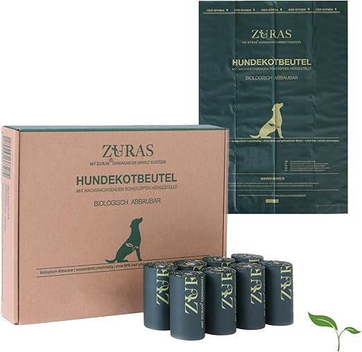 ZURAS® 100% Biodegradable Plant Based Dog Waste Bags, 315 Poop Bags, 21 Rolls, 23 x 33 cm, 20 µm Extra Thick, Tear-Resistant and Waterproof, DIN EN 13432, Compostable