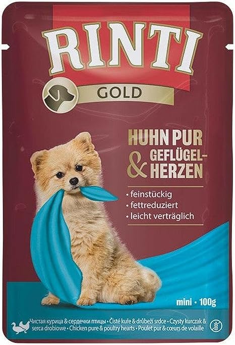 Rinti Gold Mini Chicken Pure & Poultry Hearts, 10 x 100 g, Complete Food for Adult Small Dogs, Only Chicken for Sensitive Dogs for Allergies, in Fresh Bag