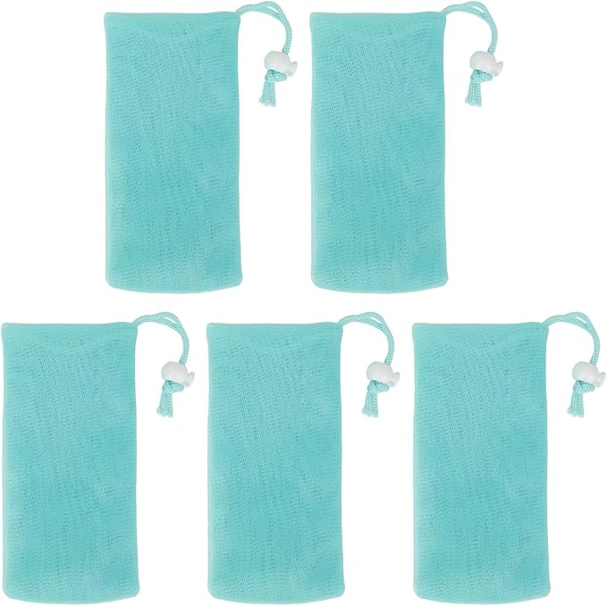 Mesh Soap Bags Exfoliating Soft Drawstring Design Soap Foam Mesh Saving Bag for Body Facial Cleansing Tool 5 Pack Emerald Green Premium PE Material
