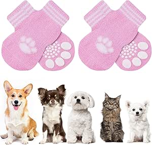 AUAUY Indoor Non-Slip Socks for Dogs and Cats, Pet Socks, Dog Socks, Non-Slip Paw Protection and Traction Thanks to Silicone Gel, 2 Sizes, for Small, Medium Animals (Pink M)