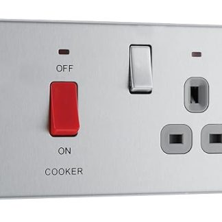BG Electrical FBS70G 45 A Screw less Flat Plate Cooker Control Unit Switched Socket with Power Indicator, 250 V, Brushed Steel/Grey Insert