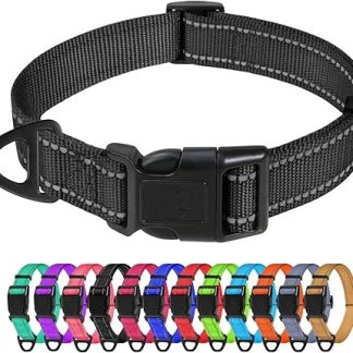 TagME Nylon Dog Collar, Adjustable Reflective Dog Collar with Safety Buckle for Small Dogs, Black, 1.5 cm Width