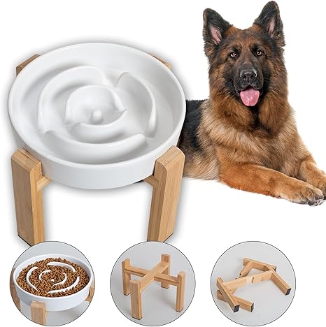 Anti-Slinging Bowl Dog Ceramic Dog Bowl Raised - Anti Sling Bowl Dog with Non-Slip Bamboo Stand - Feeding Bowl Dog for Medium and Large Dogs - Feeding Bowl Dog Slow Eating - White - 22.5 cm