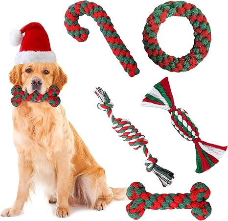 BINXWA Pack of 5 Dog Toys Christmas Chewing Natural Cotton Rope Candy Cane for Small and Medium Dog Gift