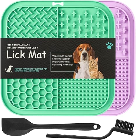 HOTUT Lick Mat Dog, Pack of 2 Lick Mat Dog with Spatula and Brush, Lick Mat Slow Feeder with Suction Cup for Dogs and Cats, Feeding Mat for Bathing, Grooming, Relieves Anxiety and Boredom