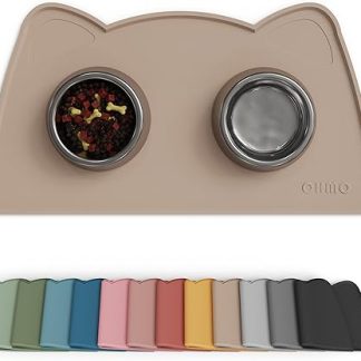 OHMO Bowl Mat for Small Dogs and Cats, 46 x 25 cm, Mat for Cat Bowl, Non-Slip Silicone Feeding Mat, Waterproof, Beige