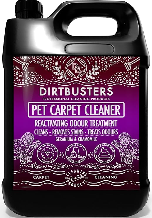 Dirtbusters Pet Carpet Cleaner - Neutralises Animal Odours & Removes Stains in Carpets & Upholstery - Geranium & Chamomile Fragrance - Suitable for Carpet Cleaning Machines - 5L Canister