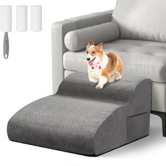 Otauoaea Dog Stairs for Small Dogs, 2 Steps Non-Slip Pet Stairs, Cat Stairs, Sponge Dog Ramp for Sofa Bed, Dog Stairs with Removable Cover, Sending Lint Roller, Grey
