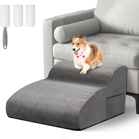 Otauoaea Dog Stairs for Small Dogs, 2 Steps Non-Slip Pet Stairs, Cat Stairs, Sponge Dog Ramp for Sofa Bed, Dog Stairs with Removable Cover, Sending Lint Roller, Grey