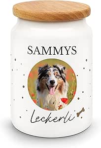 Large Ceramic Treat Jar with Wooden Lid Personalised with Photo and Name of Choice for Dogs, Cats and Other Pets - Great Gift Idea